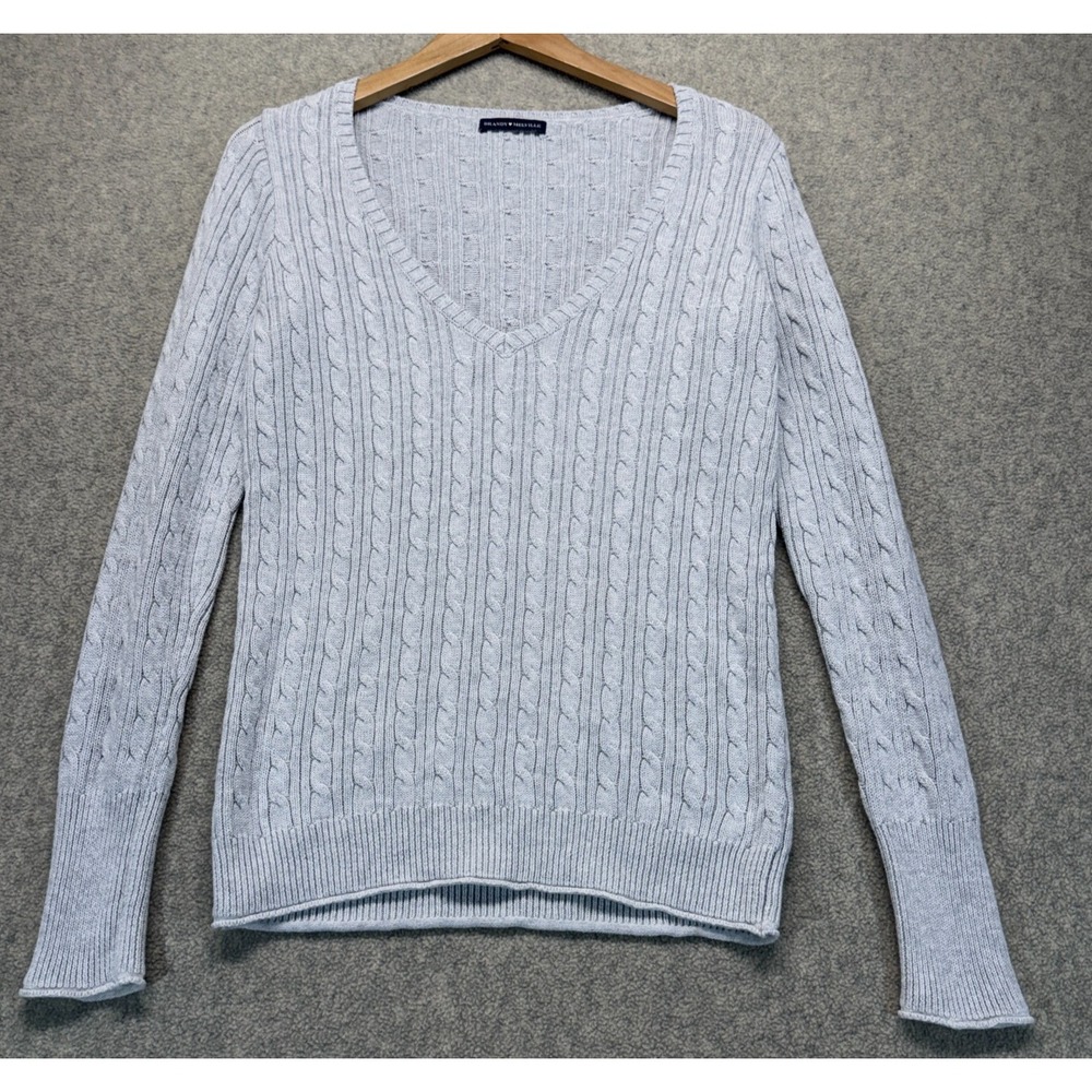 Brandy Melvile Womens Pullover Sweater Gray Long Sleeve Cable Knit V-Neck OS